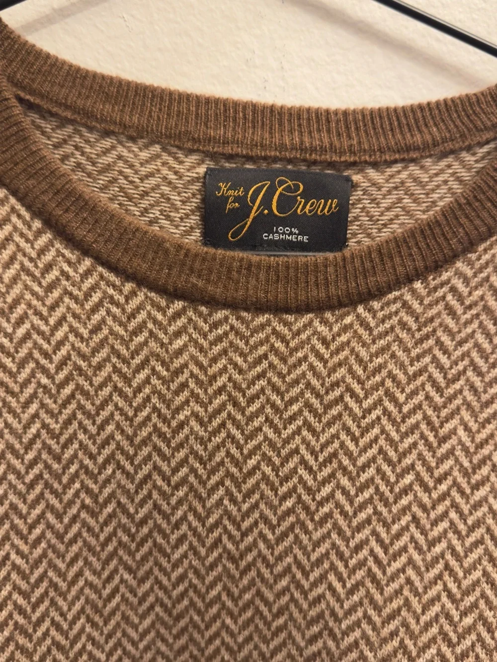 J. Crew Men's Tan Herringbone 100% Cashmere Crewneck Sweater